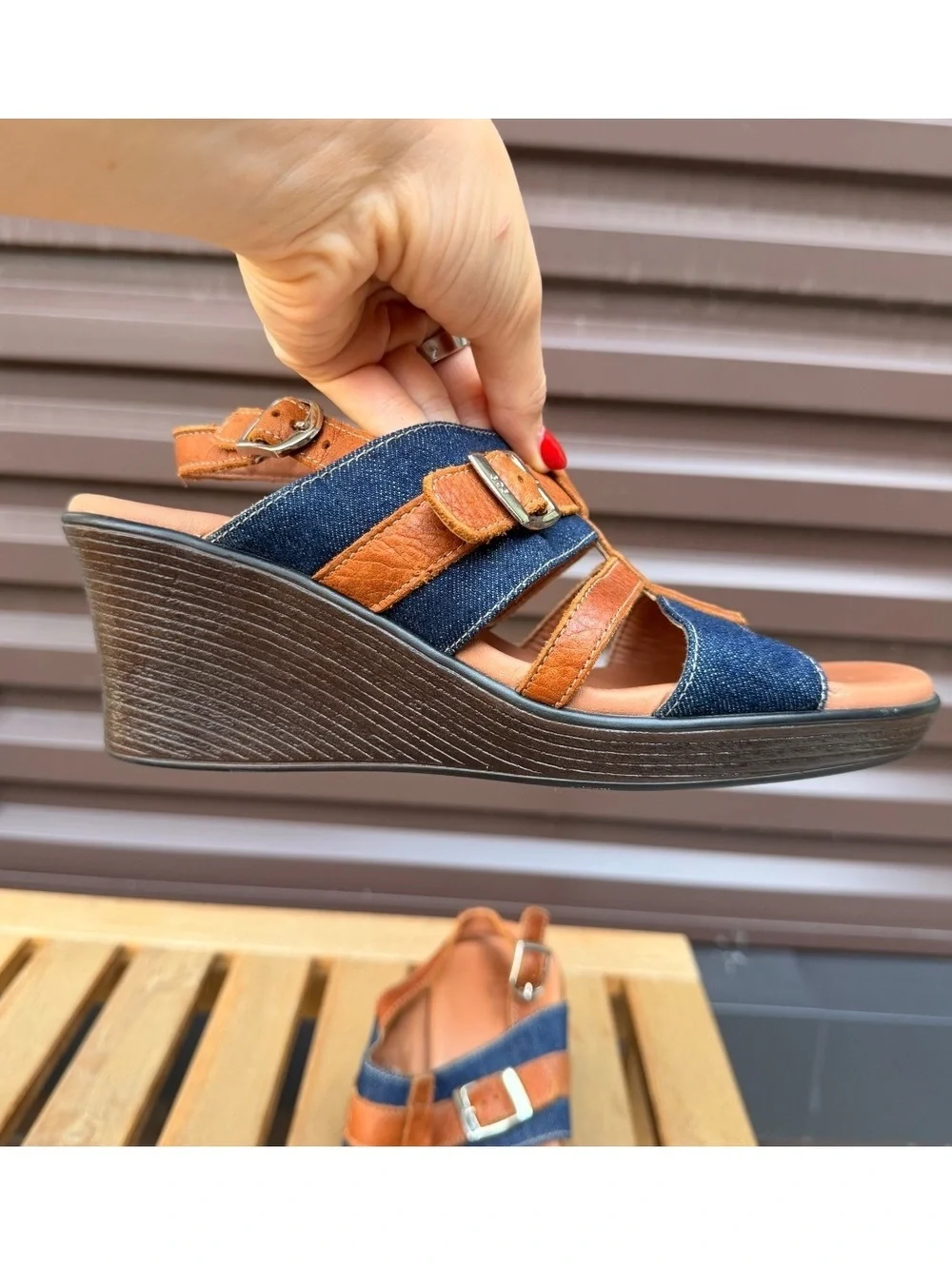 SAS Layla T-Strap Wedge Sandal Blue Jean and Brown Leather Size 9M